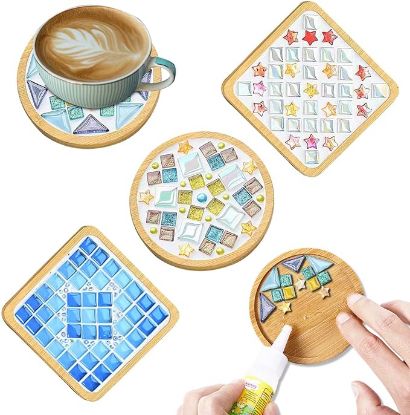 Picture of  Sets DIY Glass Mosaic Tiles for Crafts,Mixed Color Mosaic Kits with Wooden Coaster for Adults,Mosaic Crafts Materials Package for Coaster Handmade Home Decor Gifts